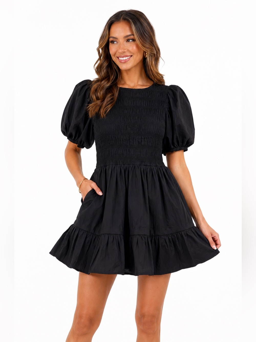 Entro NWT Black Smocked Puff Sleeve Tiered Mini Dress Pockets S